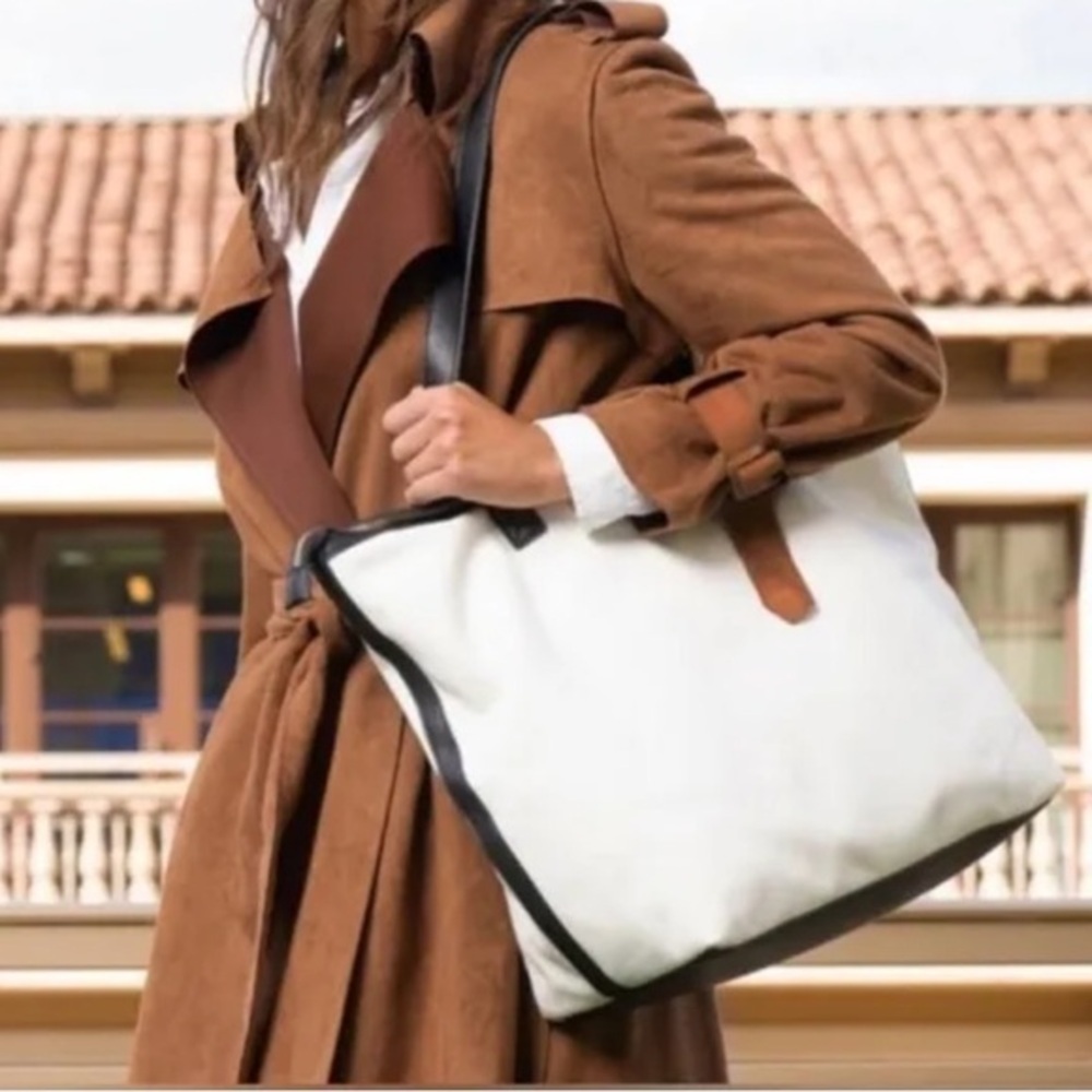 Walter Baker White Canvas Tote with Black Trim and Tan Accents